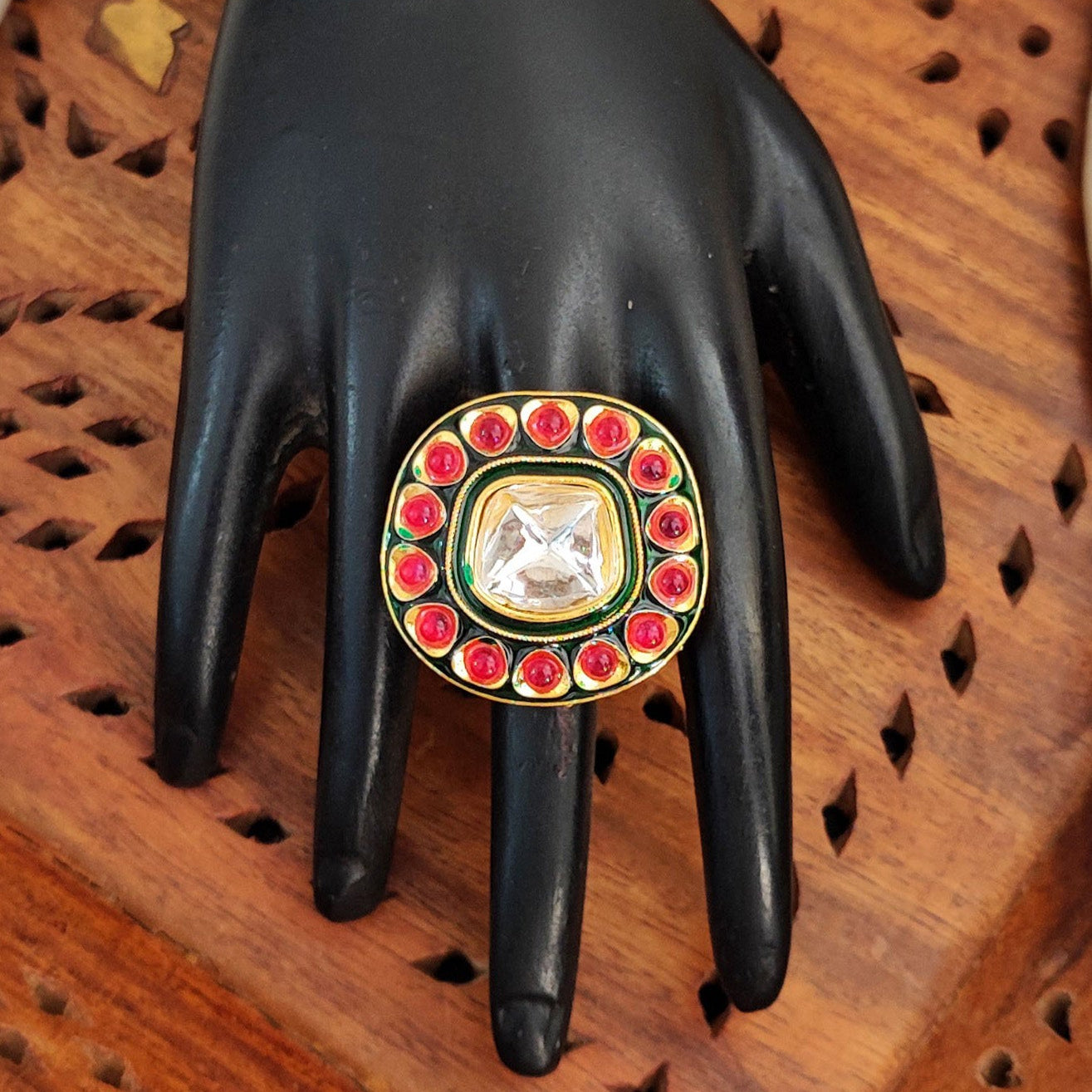 Square Red Kundan Ring